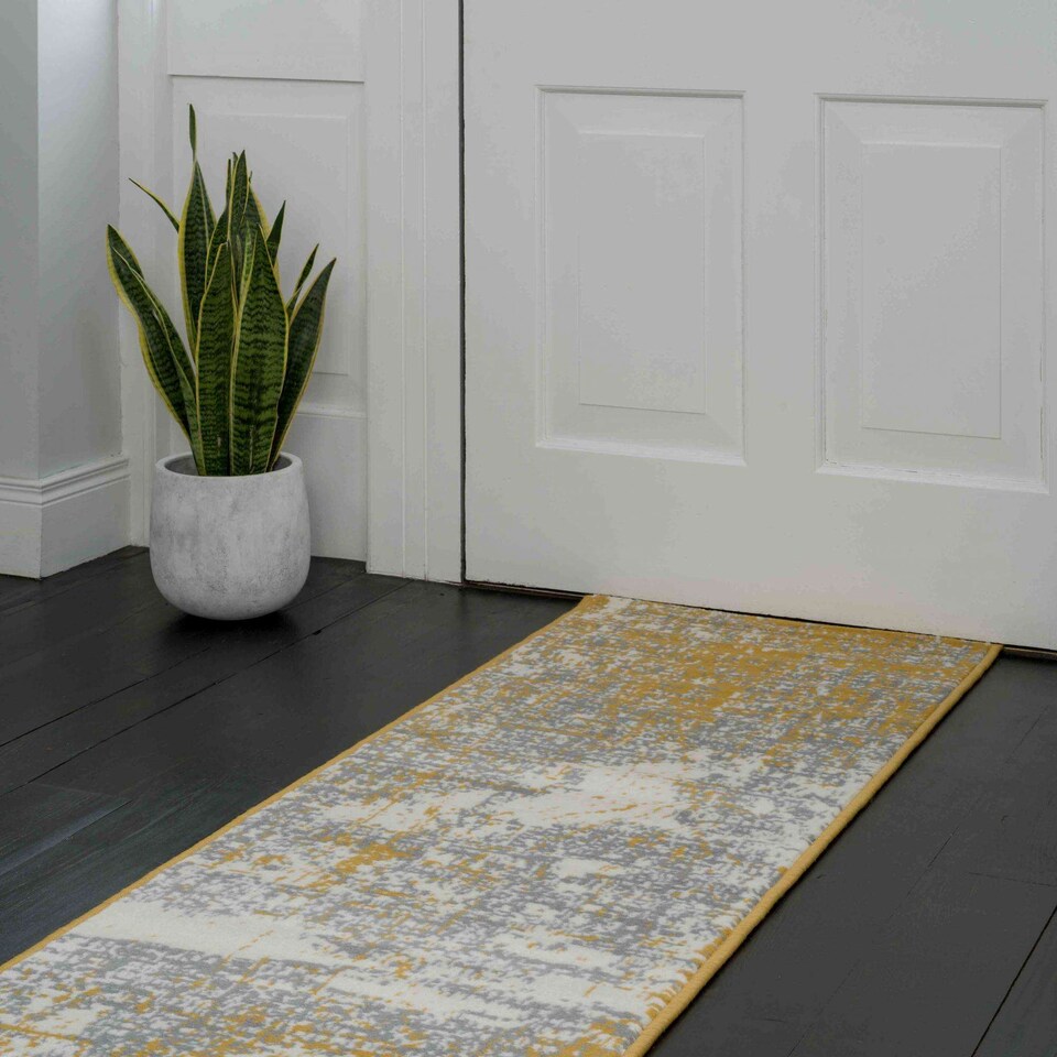 image 1 of KUKOON Yellow Ochre Grey Distressed Abstract Living Area Rug 60cm x 240cm