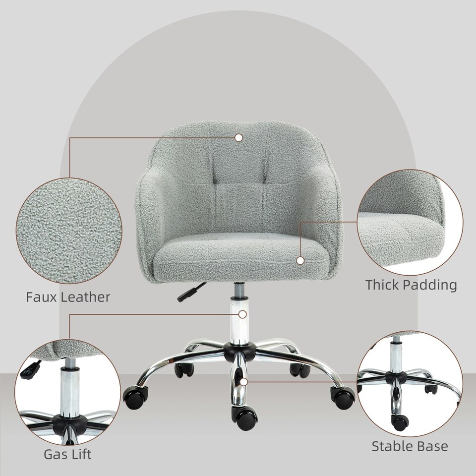 image 1 of HOMCOM Fluffy Vanity Chair for Desk, with Height Adjustable, Wheels, Grey