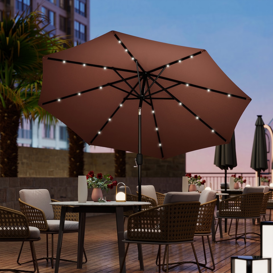 image 1 of Outsunny 2.7m Garden 24 LED Light Parasol Solar Outdoor Tilt Sun Umbrella Patio Club Party Event Manual Sun Shade w Hand Crank and 8 Ribs, Brown