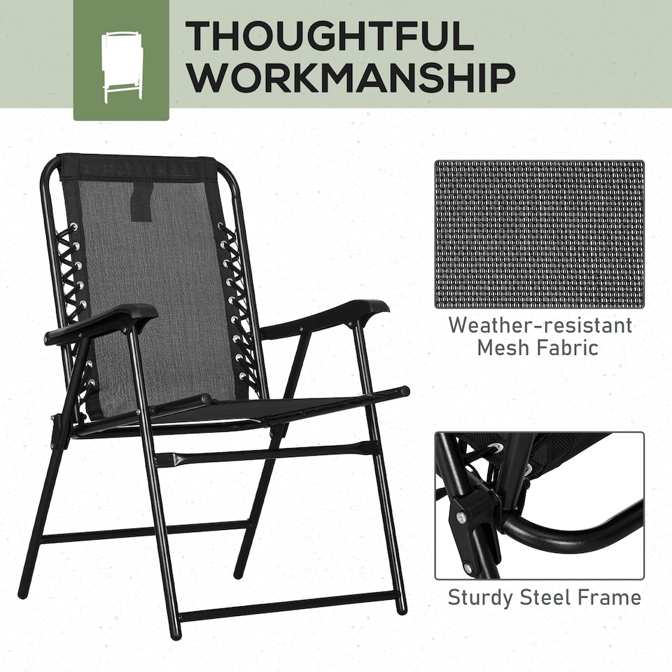 image 1 of Outsunny Set of 2 Patio Folding Chair Set, Garden Portable Outdoor Chairs with Armrest and Breathable Mesh Fabric Seat and Backrest, for Camping, Beach, Deck, Lawn, Black
