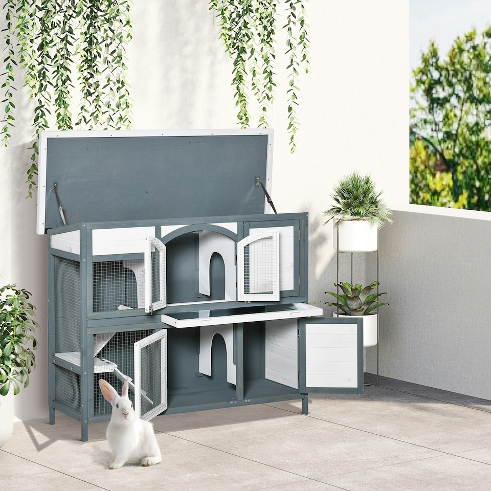 image 1 of PawHut Rabbit Hutch, Guinea Pig Hutch 2-Tier Wooden Cage w/ Ramp Roof, Grey