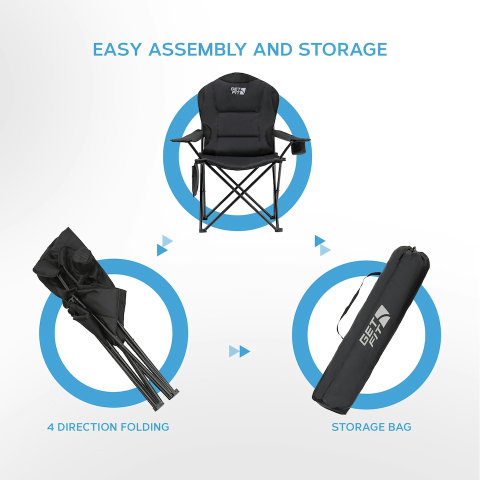 image 1 of Get Fit Camping Chair - Outdoor Folding Chair With Magazine Pocket, Cup Holder & Carry Bag Weight Capacity of 130kg - Black