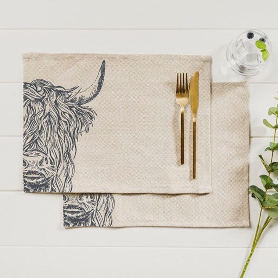 image 1 of The Just Slate Company Set of 2 Highland Cow Linen Placemats