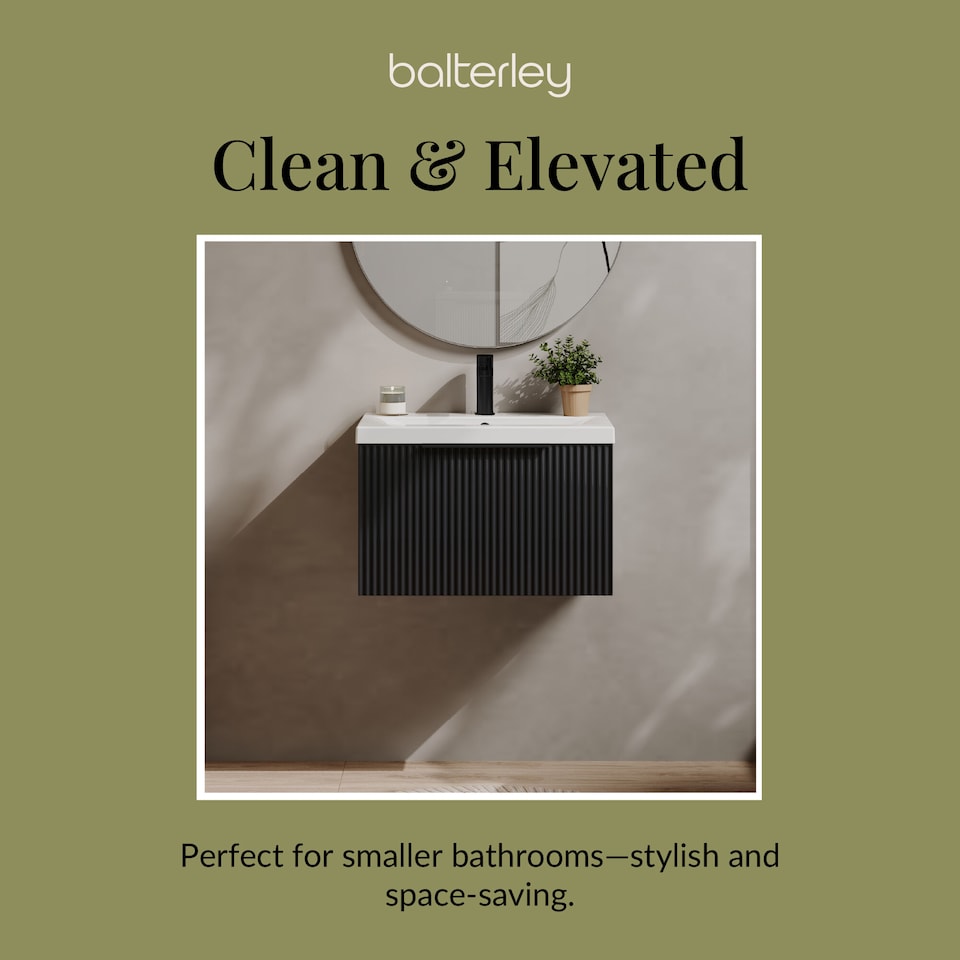 image 1 of Balterley Fluted Front Wall Hung 1-Drawer Bathroom Vanity Unit with 1 Tap Hole Basin, Handles | Grey | Soft Black