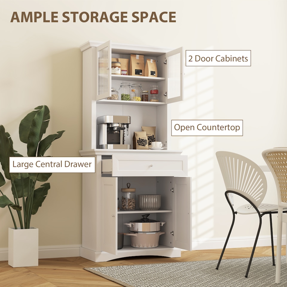 image 1 of HOMCOM 4-Door Kitchen Cupboard with Drawer, Freestanding Kitchen Cabinet with Glass Doors, Adjustable Shelves and Open Counter, White