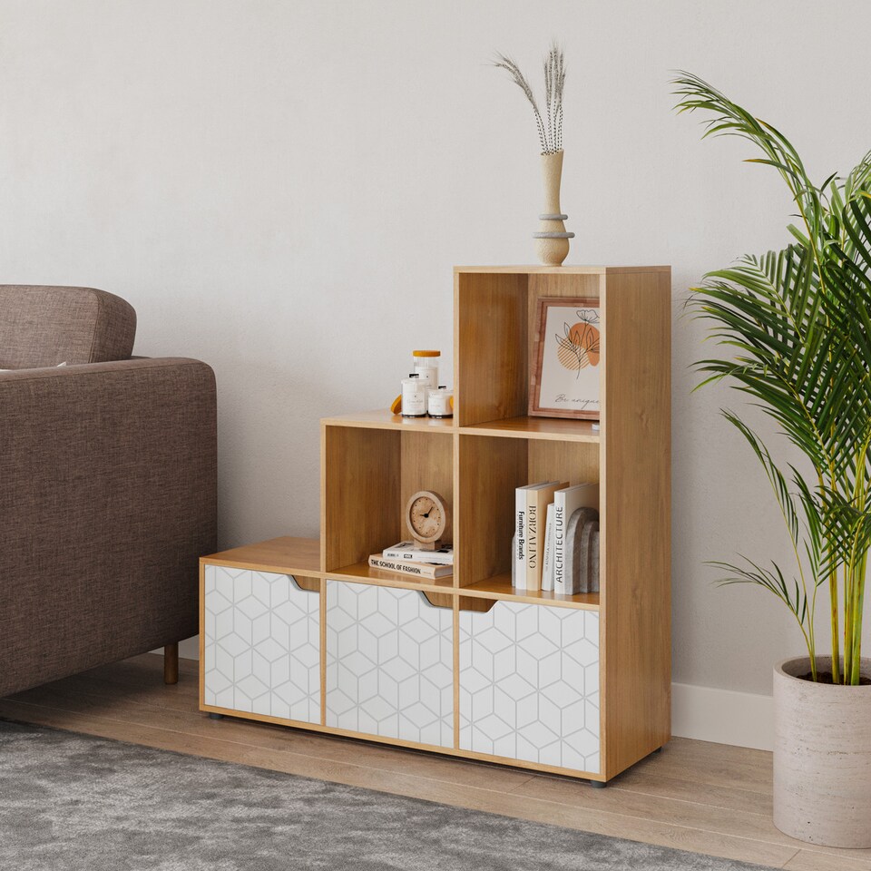 image 1 of 6-Cube Step Shelving Unit With Geo Doors | Cream | Beech & White | 1
