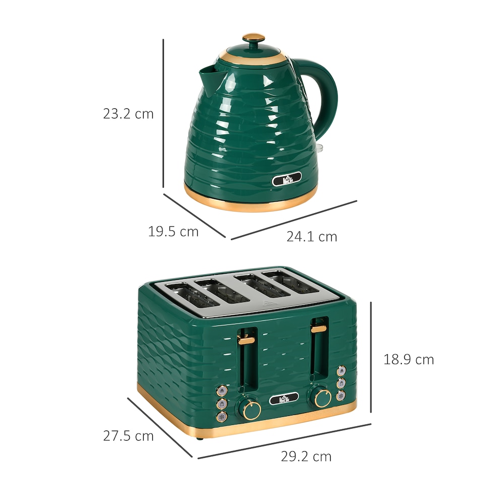 image 1 of HOMCOM Kettle and Toaster Sets, 3000W 1.7L Rapid Boil Kettle & 4 Slice Toaster with 7 Browning Controls, Defrost, Reheat and Crumb Tray, UK Otter thermostat, Green
