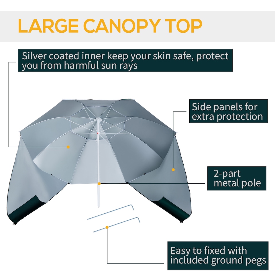 image 1 of Outsunny 2m UV Protection Fishing Beach Umbrella Brolly Shelter w Side Panel Tent, Carry Bag, Green