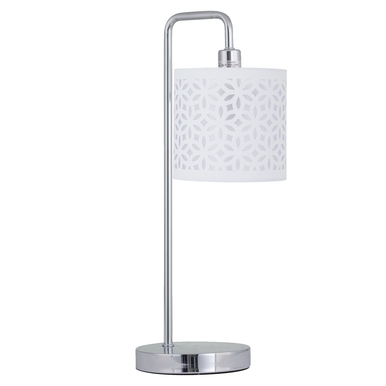 First Choice Lighting Chrome Arched Table Lamp with White Laser Cut Shade in Silver