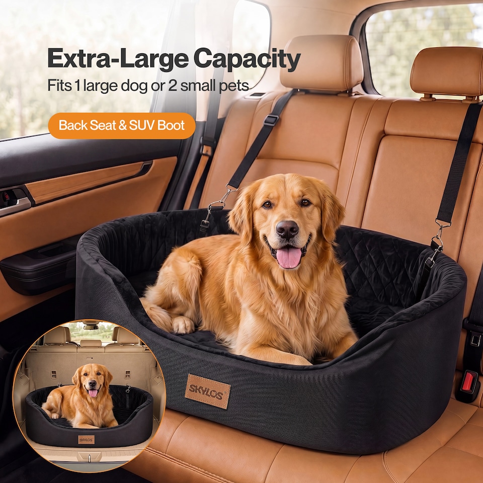 image 1 of Skylos Dog Car Seat Large Booster Bed for Cars Travel SUV Black Soft Oxford