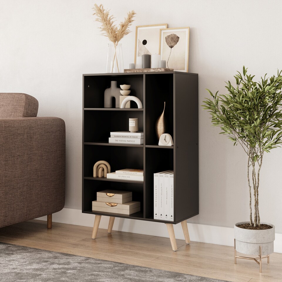 image 1 of Black 4-Drawer 2-Section Shelving Unit | Black | Black & Pine | 1