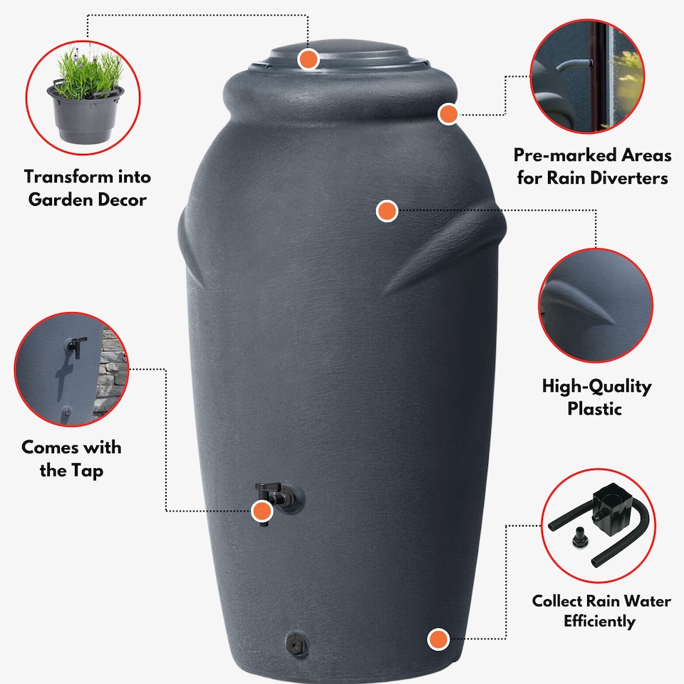 image 1 of Water Butt Kit with Tap, Diverter & Bio Cleaner –  Rainwater Collector for Garden, Balcony & Terrace – Durable Plastic Water Storage Tank | Black | 210L