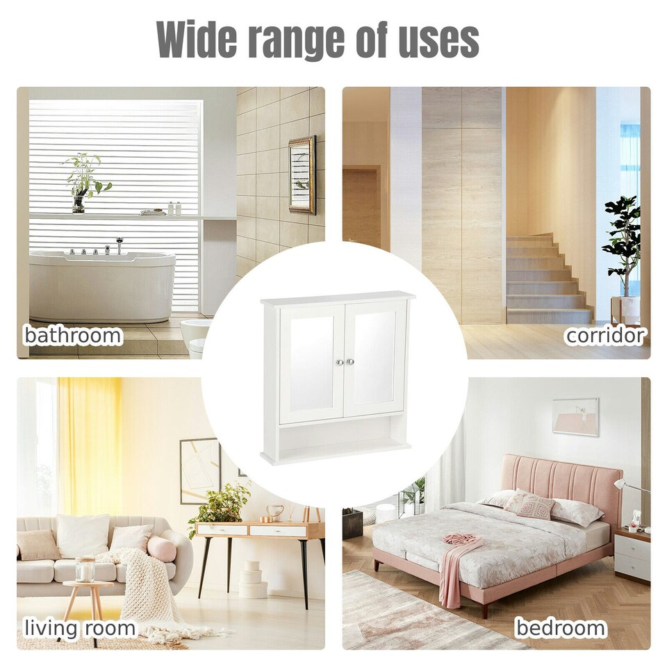image 1 of COSTWAY Wall Mounted Bathroom Mirror Cabinet Storage White White