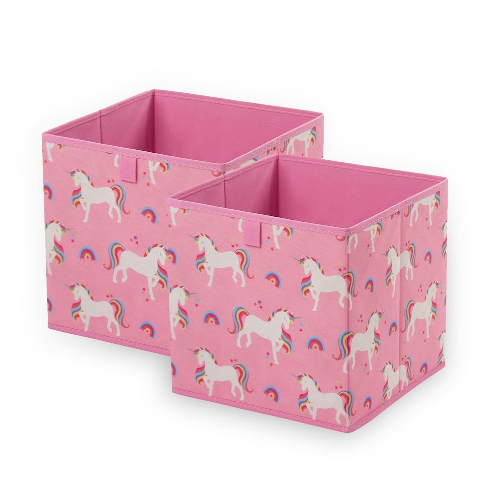 image 1 of OHS 2 Pack Folding Storage Unicorn Print Cubes Space Saving Home Bedroom Clothes Toy Organiser Pink
