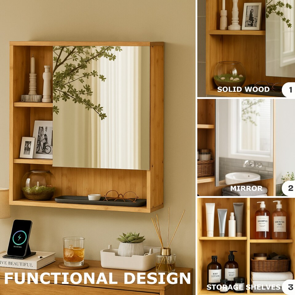 image 1 of Wooden Bathroom Wall Storage Cabinet Organiser With Mirror Natural Brown Brown