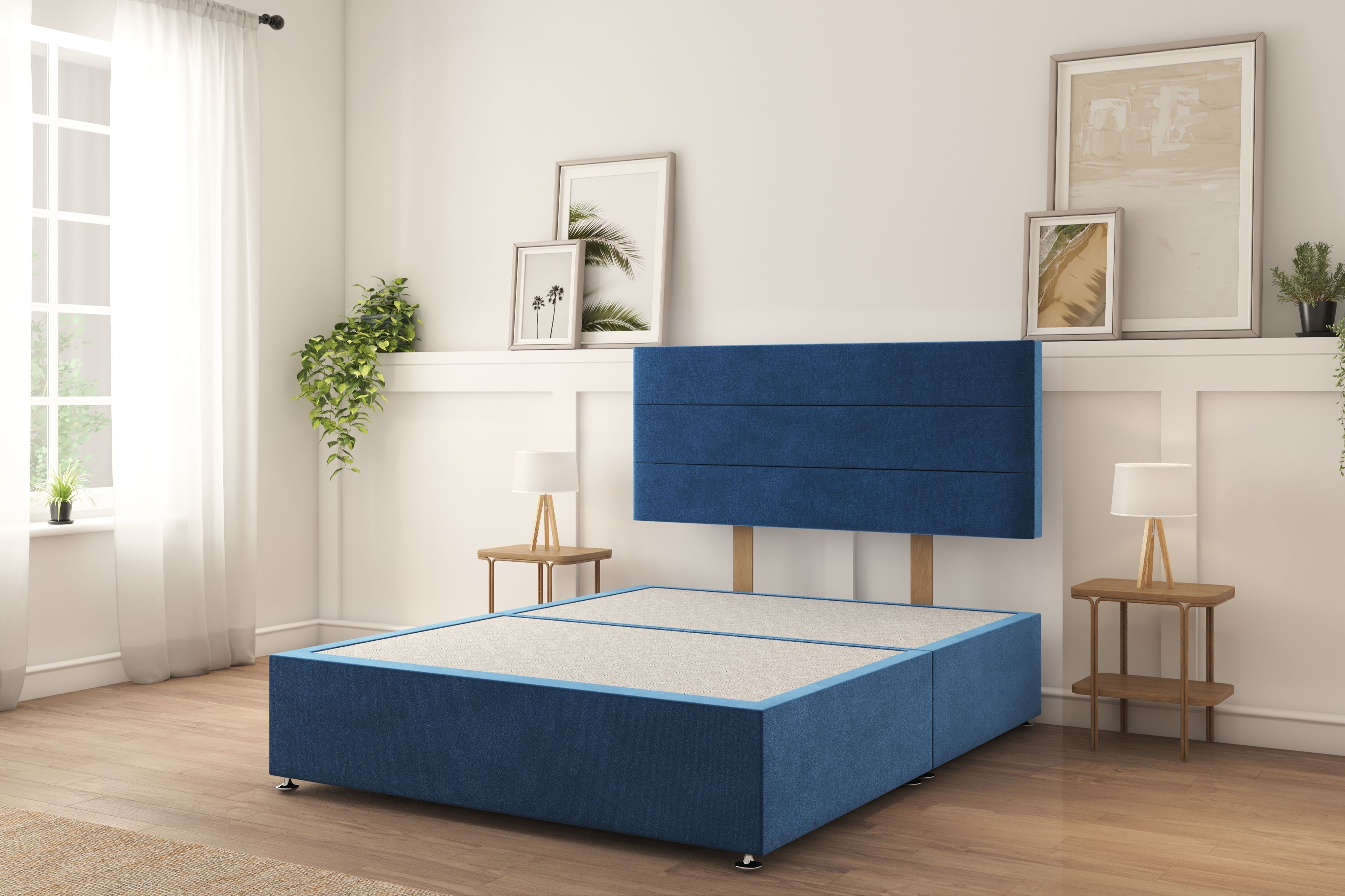 Sloomy Texas Navy Plush Divan Bed Base No Drawers With 26" Strutted Headboard 3' Single
