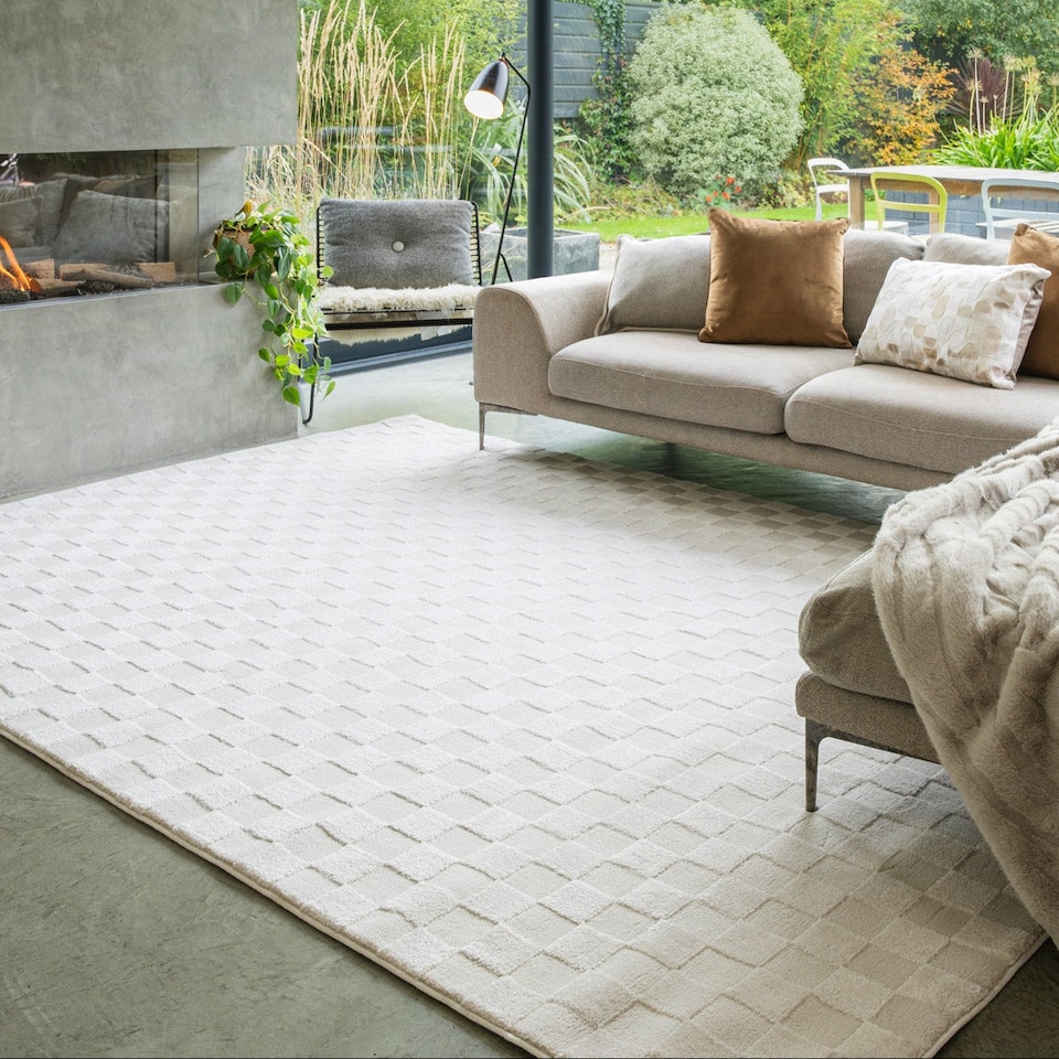 image 1 of KUKOON Retro Checkerboard Plush Pile Cream Beige Living Room Area Rug 240cm x 330cm