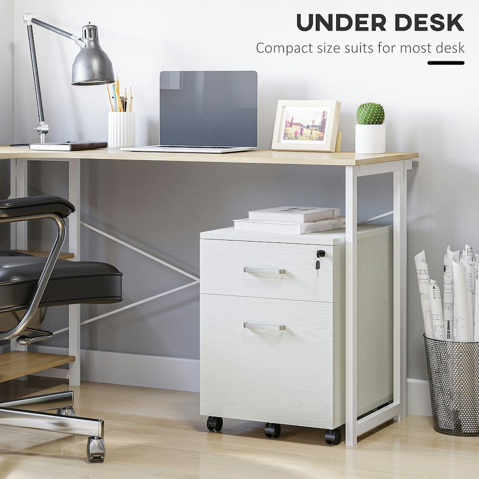 image 1 of Vinsetto 2-Drawer Locking Office Filing Cabinet 5 Wheels Rolling Storage White