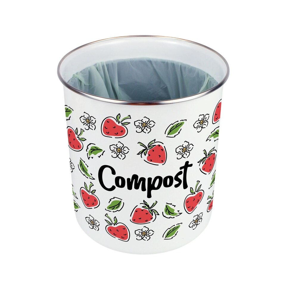 image 1 of Strawberry Flowers Compost Caddy - Metal 2L Decorative Kitchen Food Waste Bin