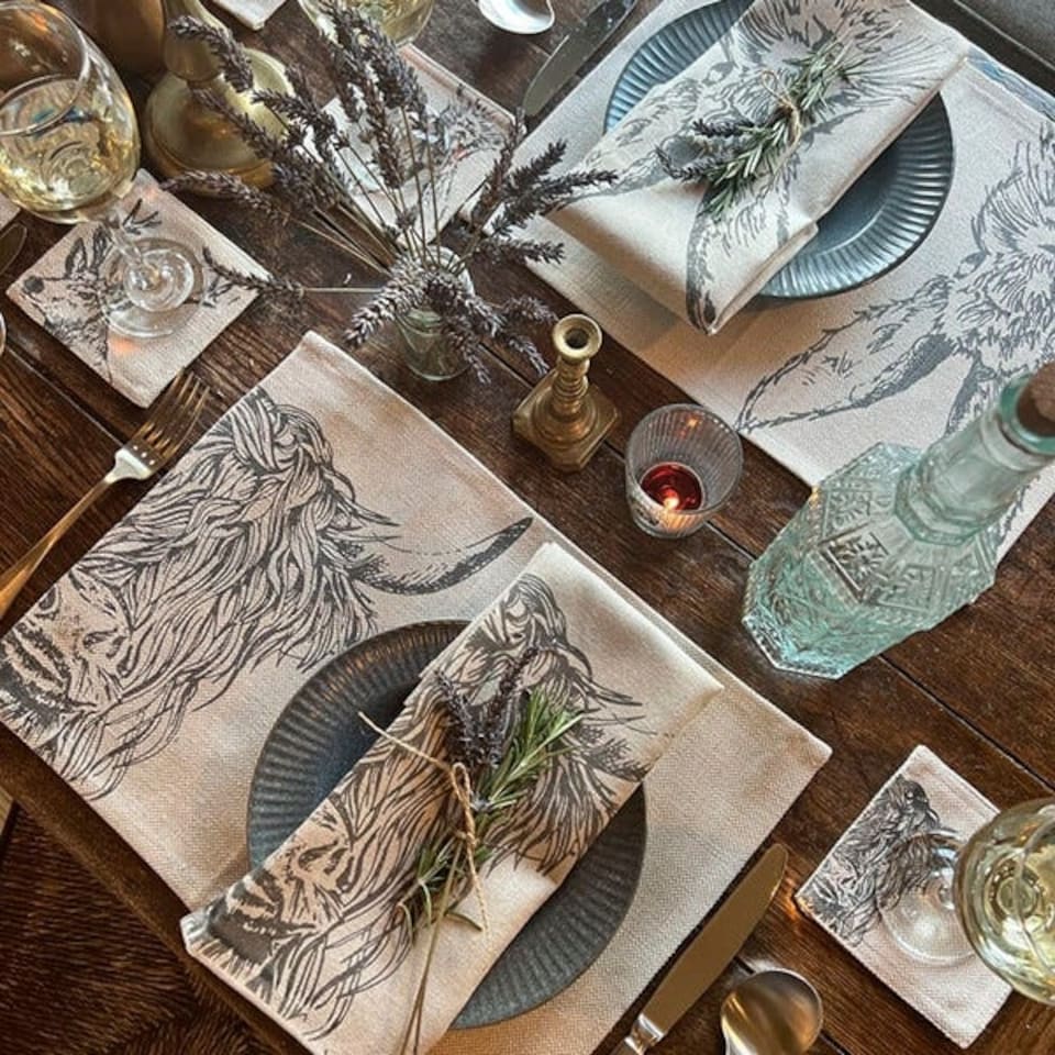 image 1 of The Just Slate Company Set of 2 Highland Cow Linen Placemats