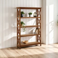 4 Tier Shelf Unit For Living Room,Solid Teak Wood Display Shelf With Criss-Cross Sides,Modern Storage Shelf Brown