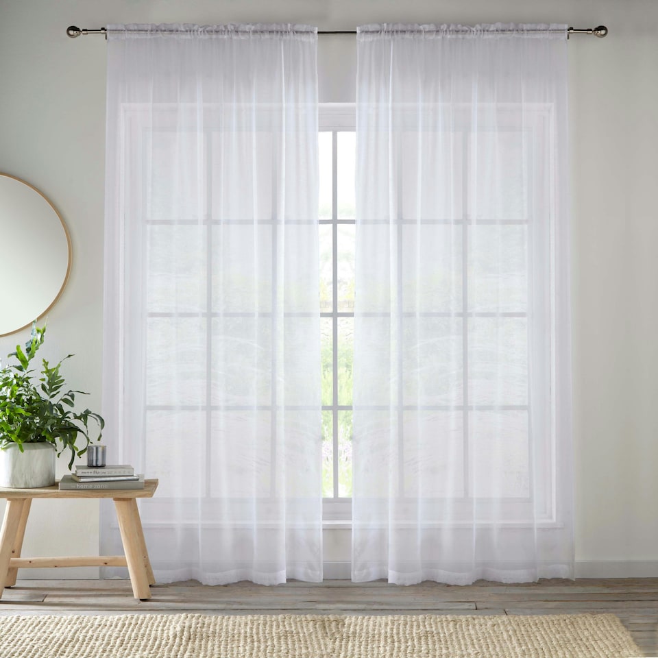 image 1 of Pair of Crystal White Plain Voile Panels 274 cm (108 inch) Rod Pocket Panels for Bedroom and Living Room