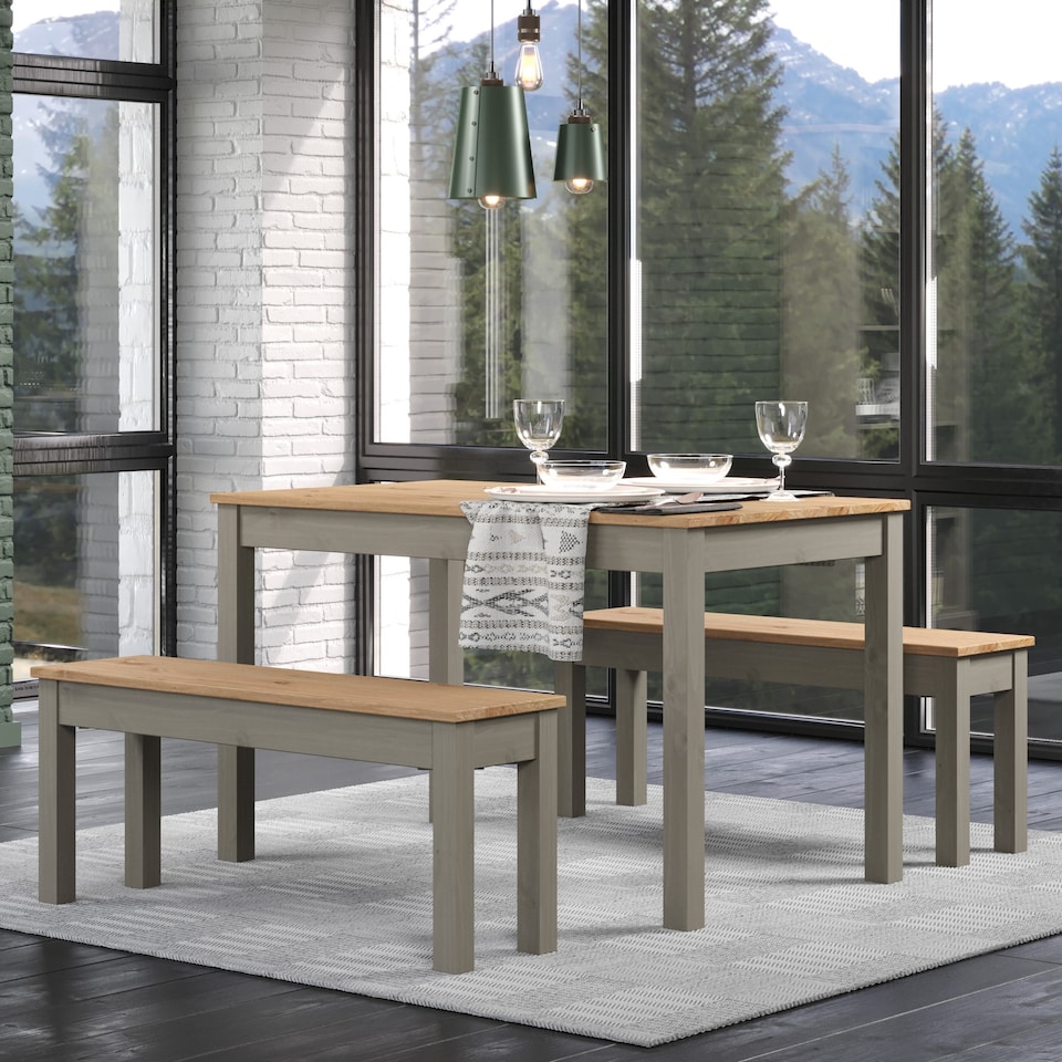 image 1 of Corona Grey Rectangular Dining Table with 2 Grey Pine Double Benches - Contemporary Dining Set | Grey | Antique Waxed Pine | One Size | 1
