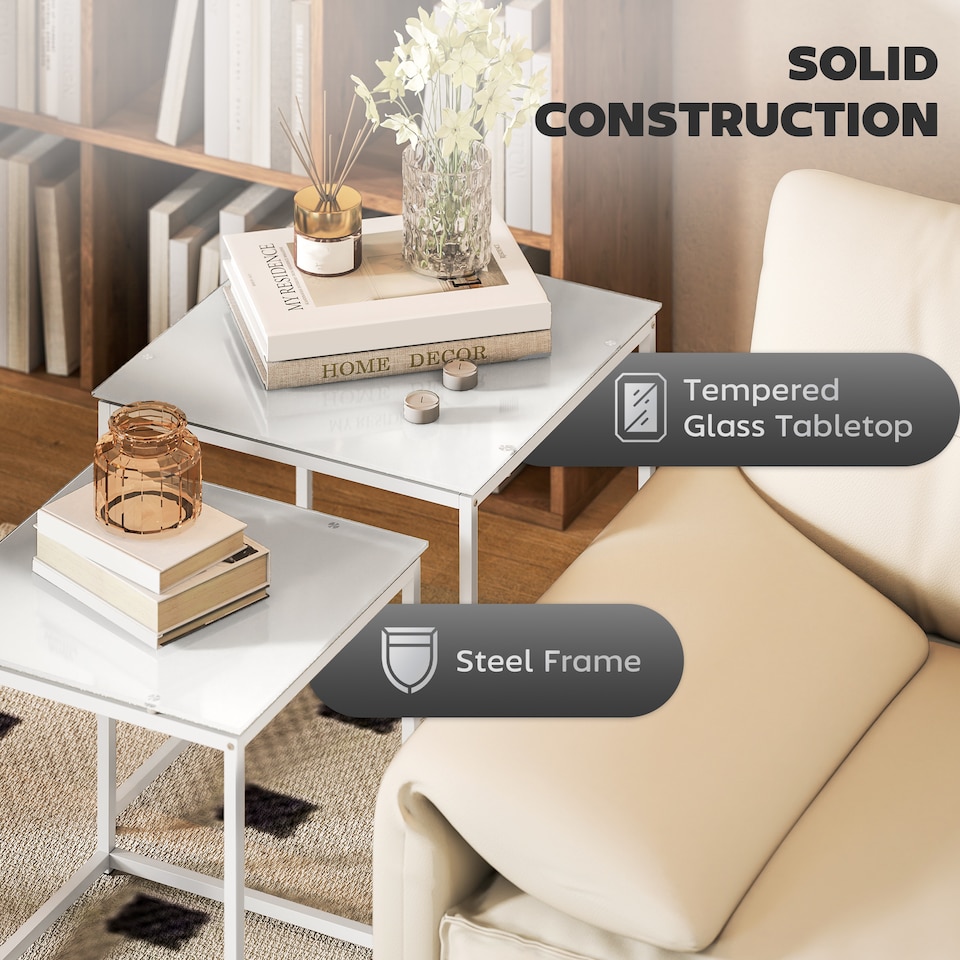 image 1 of HOMCOM Nest of Tables, Set of 2 Coffee Table, Side Tables with Tempered Glass Desktop and Metal Frame for Living Room, Bedroom, Office, White | White