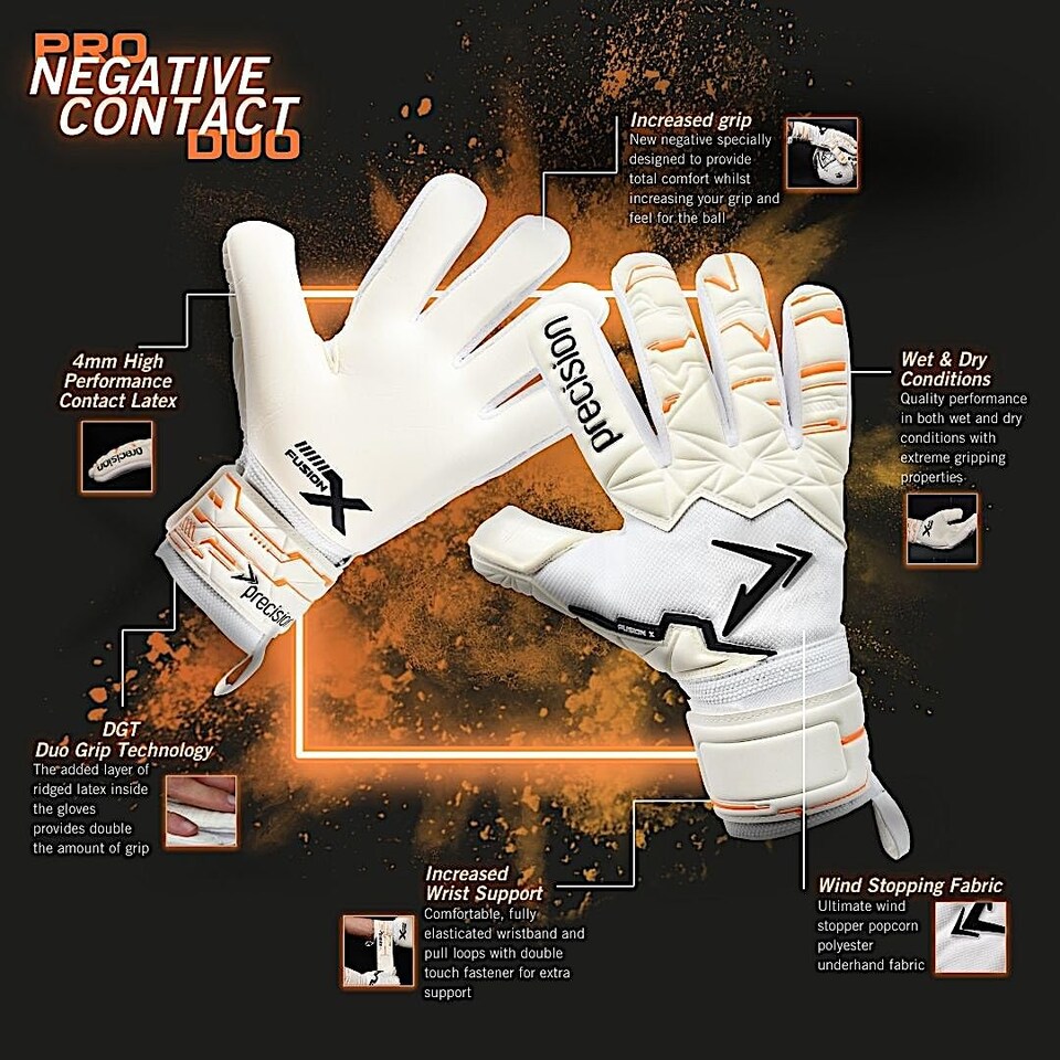 image 1 of Precision Training Fusion X Pro Negative Contact Duo Grip Professional Football Junior Goalkeeper Gloves, White, 7