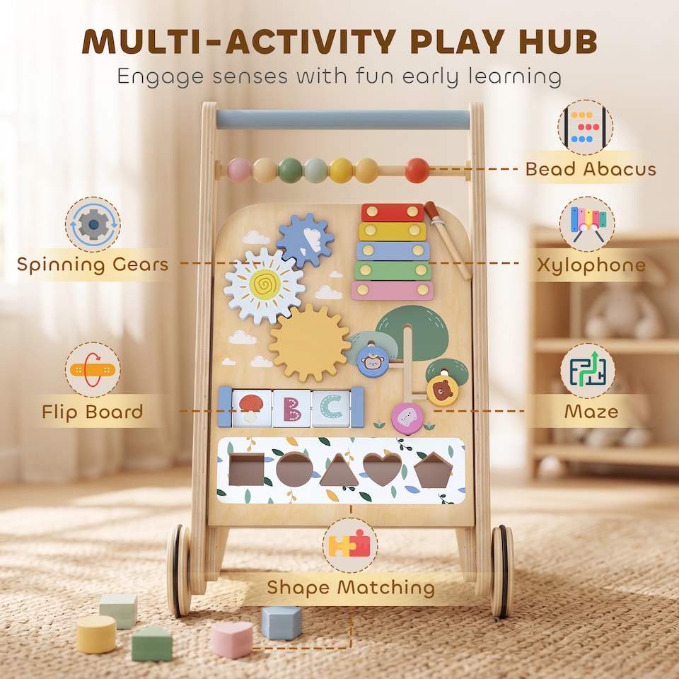 image 1 of AIYAPLAY Wooden Baby Walker with Speed Control, Activity Centre for 18 M+