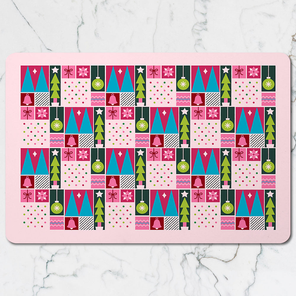 image 1 of Pink Christmas Placemat Coaster Set With Festive Geometric Pattern