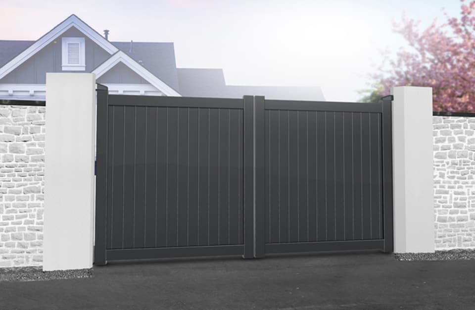 image 1 of Double Swing Gate 3000x1800mm - Aluminium - Vertical Solid Infill and Flat Top - Grey