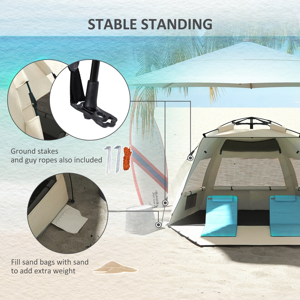 image 1 of Outsunny Pop Up Tent Beach Tent for 23 Person, Easy Set Up Sun Shelter with Extended Floor, Sandbags, Mesh Windows and Carry Bag | Brown