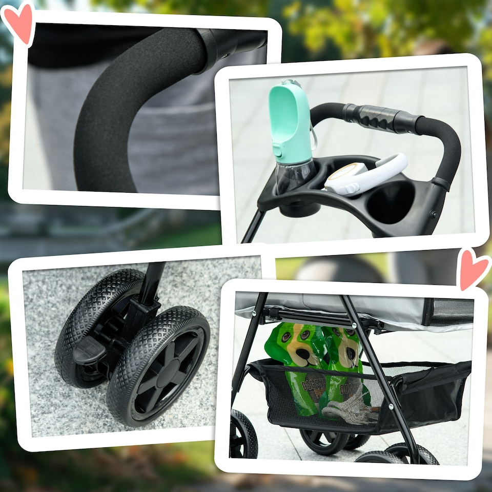 image 1 of PawHut Pet Stroller Foldable Travel Carriage w/ Brake Basket Canopy, Grey