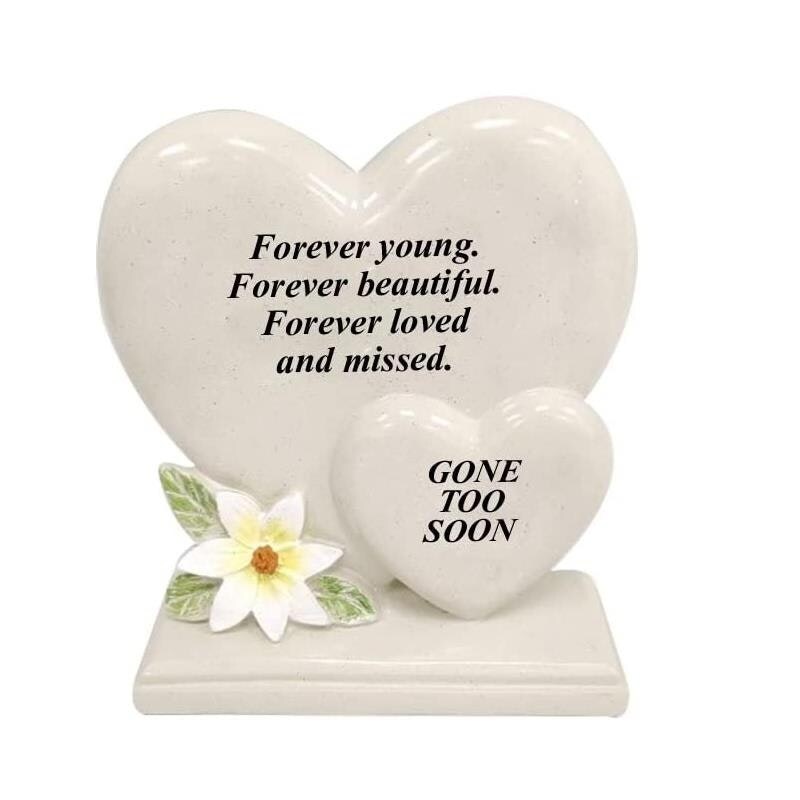 David Fischhoff Graveside Memorial White Lily Double Heart Plaque - Gone Too Soon in Cream