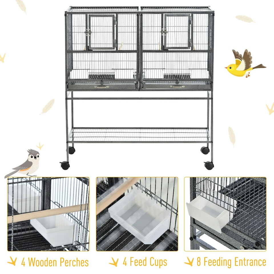 image 1 of PawHut Double Rolling Bird Cage with Removable Metal Tray and Storage Shelf