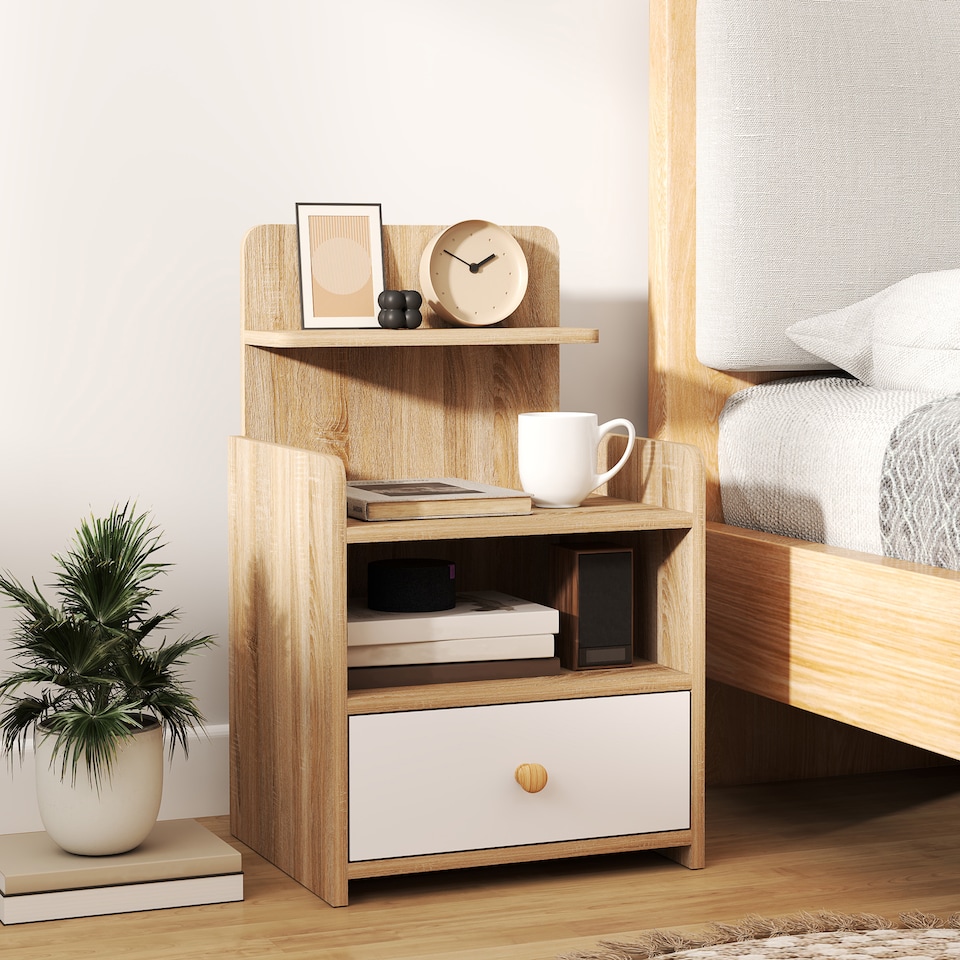image 1 of HOMCOM Bedside Table, Bedside Cabinet with Drawer, Modern Side Table with Shelf for Bedroom, Living Room, Natural Wood Effect