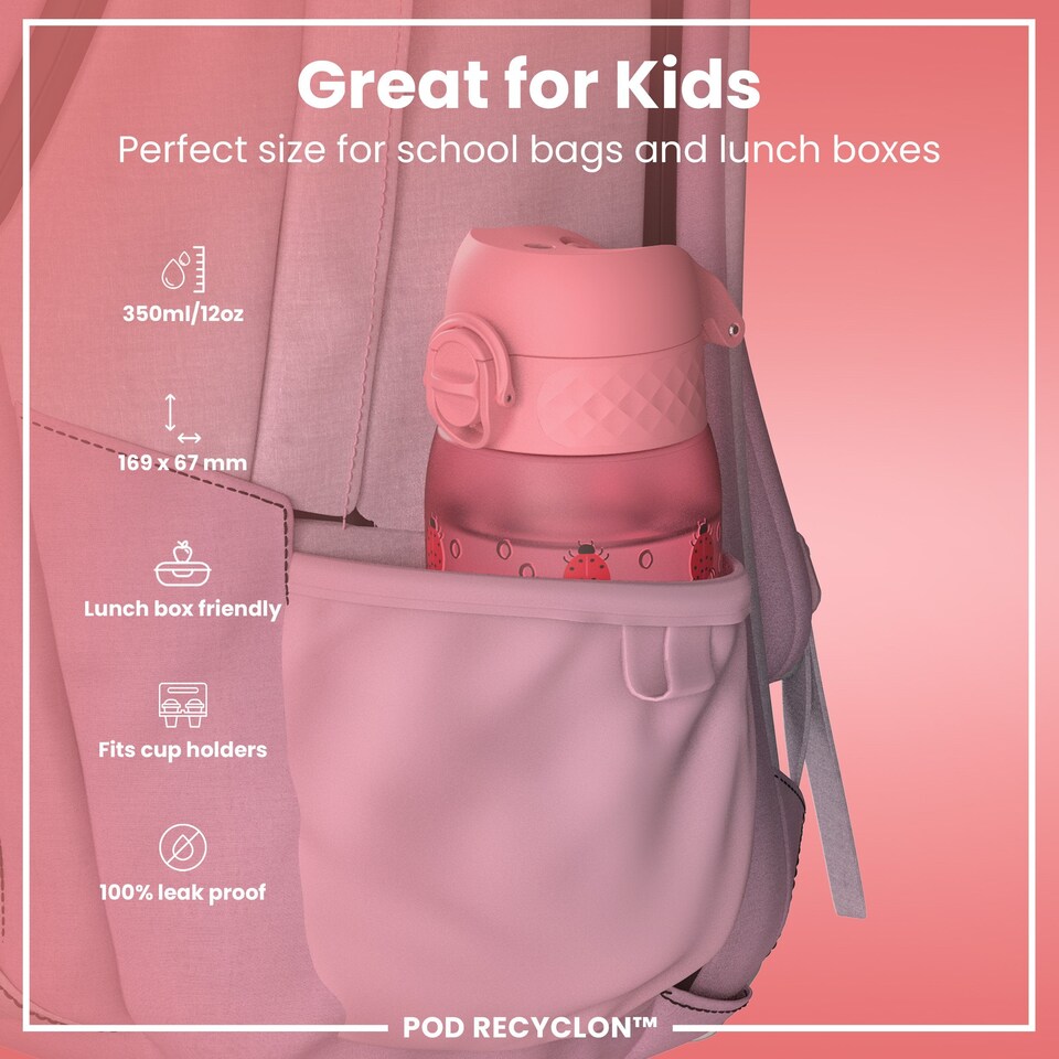 image 1 of Leak Proof Kids Water Bottle, BPA Free, 350ml (12oz) | Pink | Ladybugs | One Size