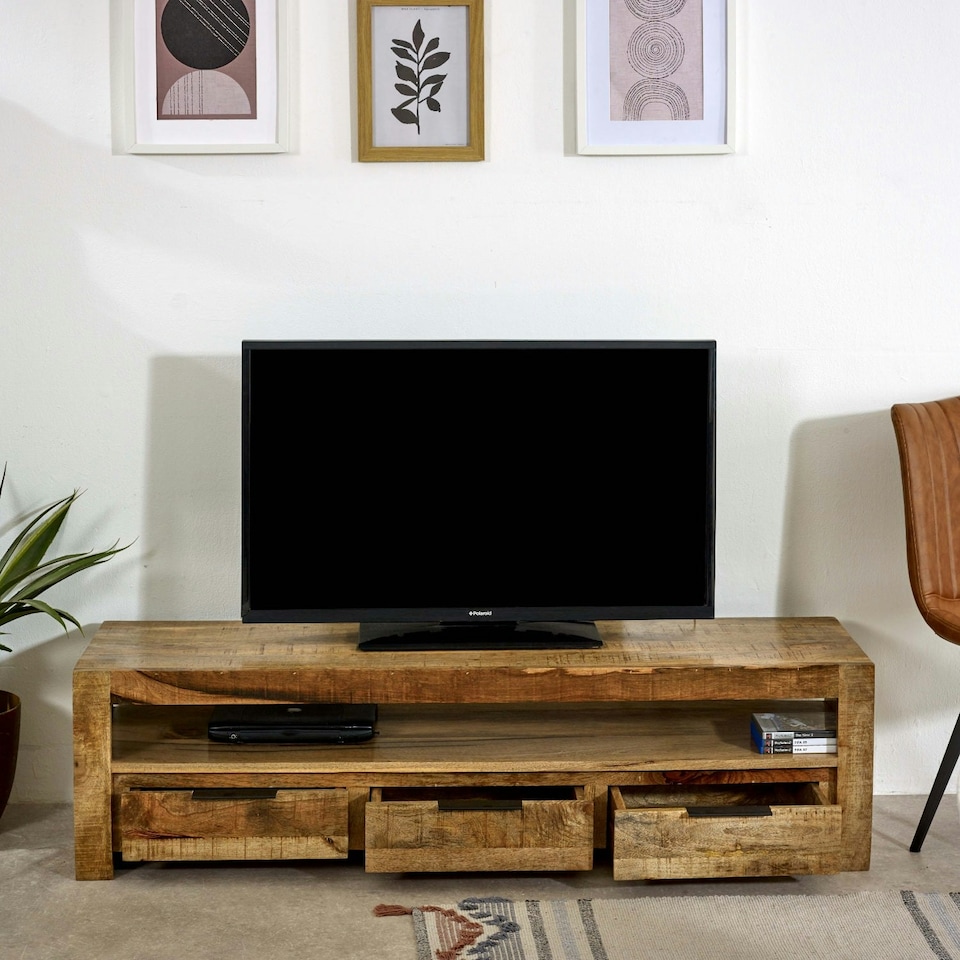 image 1 of Valor Mango Wooden Large TV Stand With 3 Drawers Brown