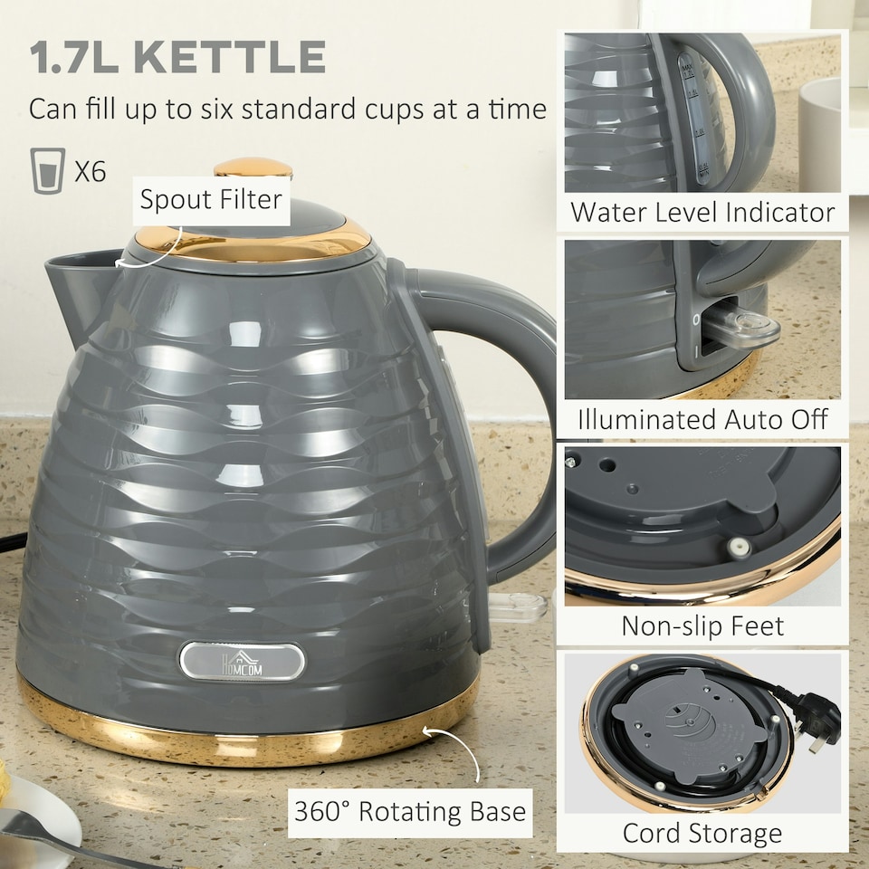image 1 of HOMCOM Kettle and Toaster Set 1.7L Rapid Boil Kettle & 4 Slice Toaster Grey