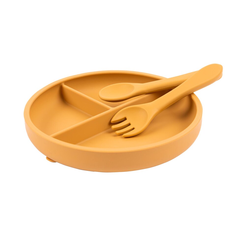 image 1 of Tiny Dining Baby Silicone Suction Plate, Fork & Spoon Set - Ochre
