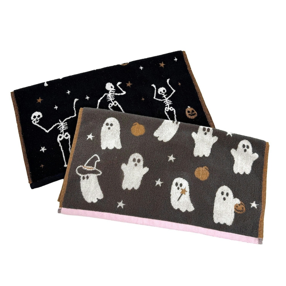 image 1 of Luxury Halloween Hand Towels Pack of 2 - 100% Cotton Spooky Tea Towels Black | Skeletons