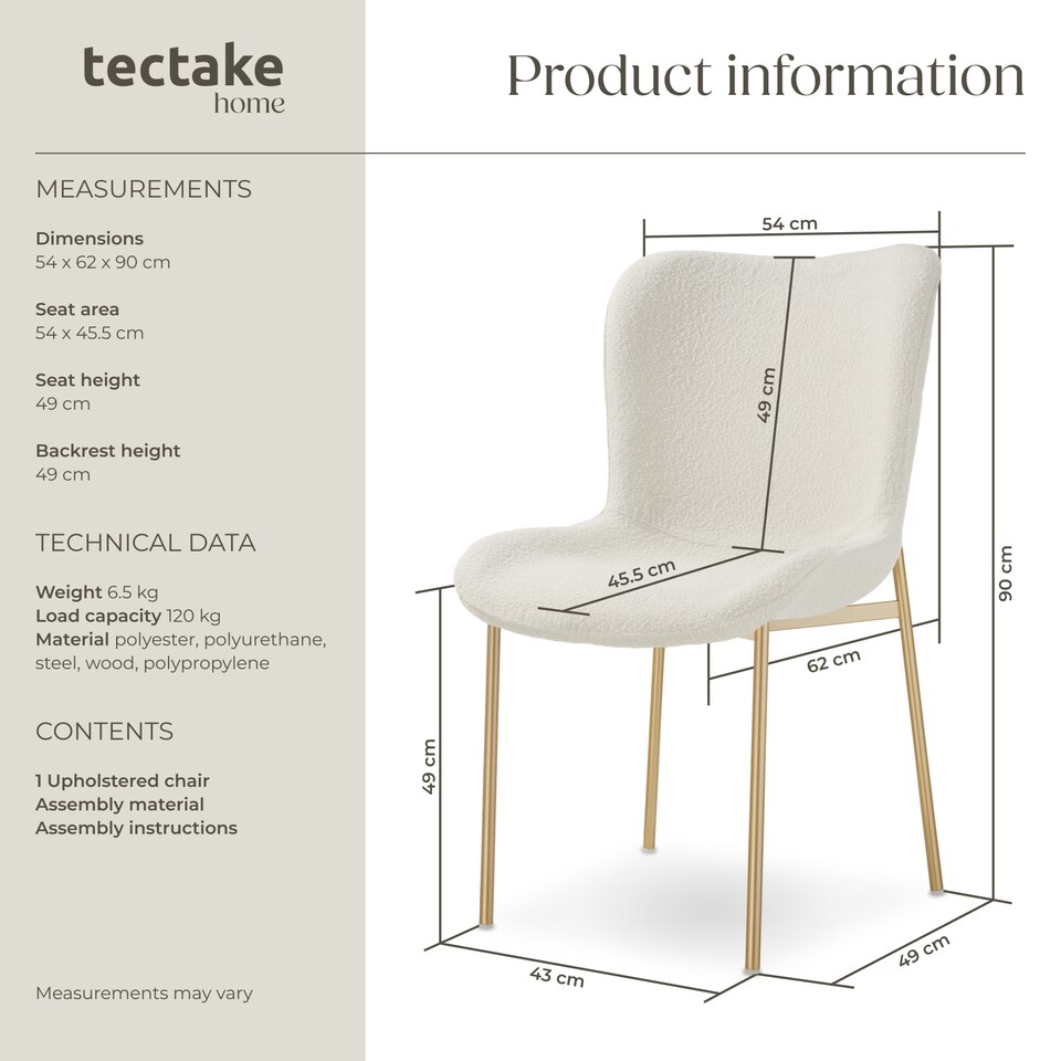 image 1 of Dining Chair Tessa - ergonomic high backrest, slim steel legs, soft fabric | White | Bouclé white/gold | 1