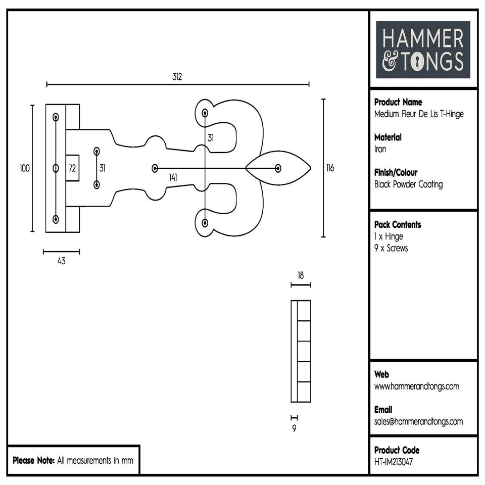 image 1 of Hammer & Tongs Fleur De Lis T-Hinge - W310mm - Black | Black | Black