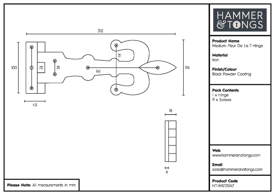 image 1 of Hammer & Tongs Fleur De Lis T-Hinge - W310mm - Black | Black | Black