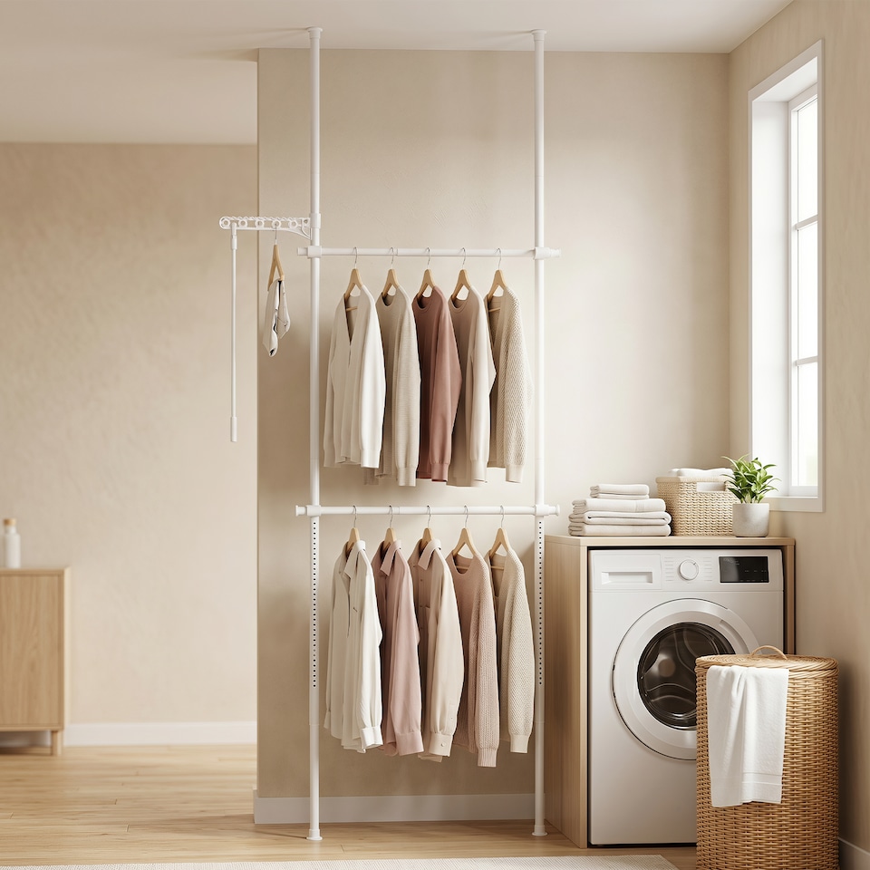 Adjustable Floor to Ceiling Clothes Rack w/ 2 Hanging Rods,Tension Pole ...