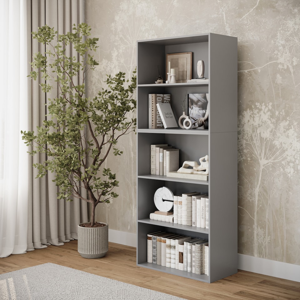image 1 of Wide 5-Tier Bookcase | Grey | 1