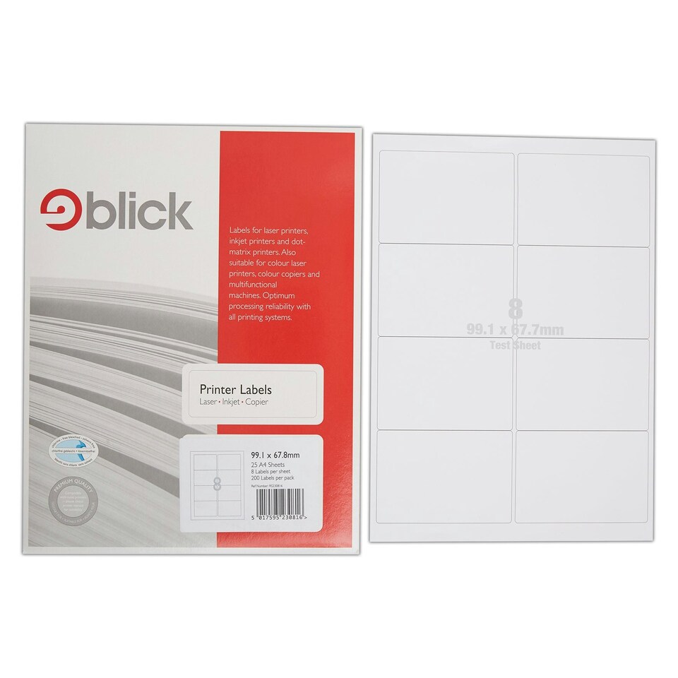 image 1 of Blick 8 Per Sheet 25 Sheets, 99.1mm x 67.8mm, Rectangular, White, 200 Labels