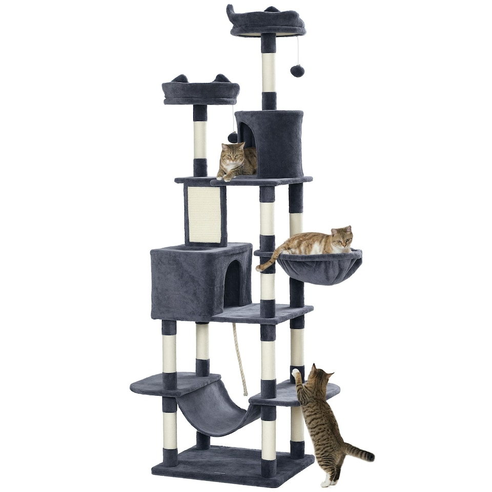 image 1 of PawHut 206cm Cat Tree with Scratching Posts Beds Condos Hammocks, Dark Grey