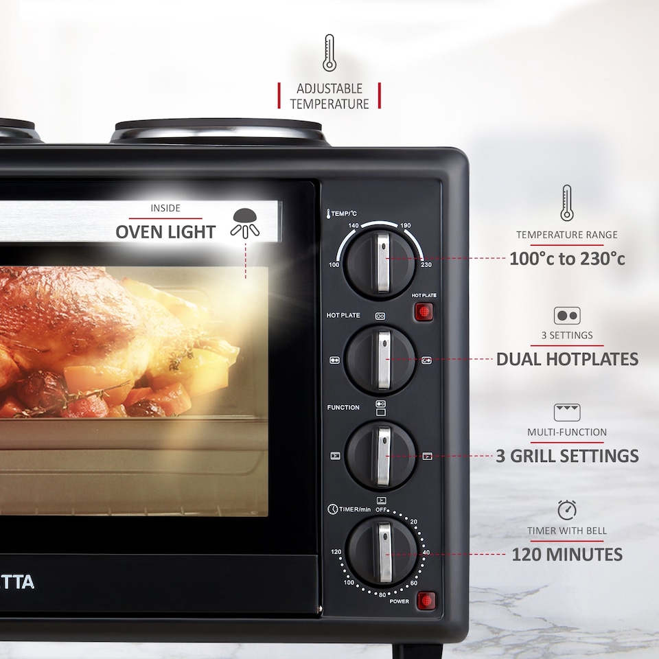 image 1 of NETTA 45L Electric Mini Oven with Double Hotplate, Grill, Adjustable Temperature and 120‑Minute Timer - 2850W